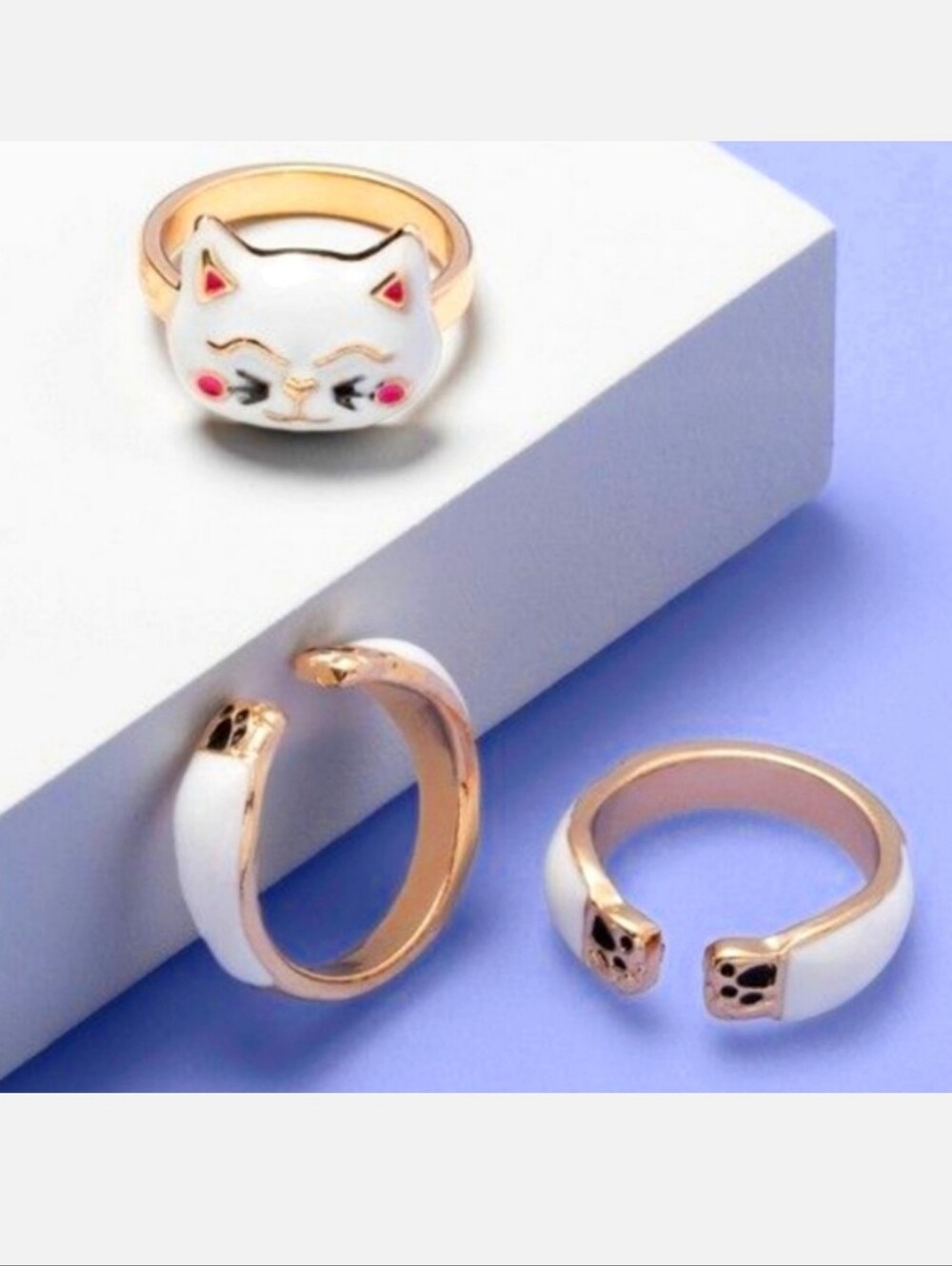 NWOT More Than Magic Kid's 3-pc Cat Ring Set: WHITE/GOLD!